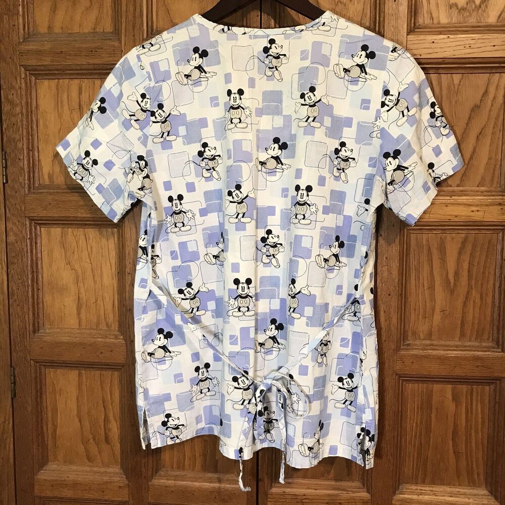 Disney Scrub Top Small Blue Mickey V-Neck Pockets Short Sleeve Tie Back Medical - Picture 6 of 10